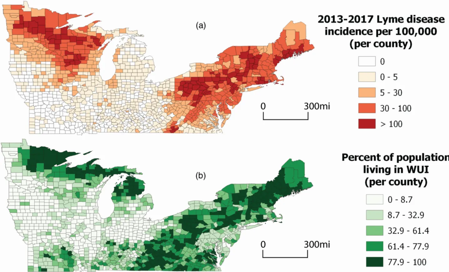 Comparison between (a) Lyme disease incidence and (b) percent of the county population living in the WUI in the high Lyme disease incidence (Midwest and Northeast) regions in the United States.