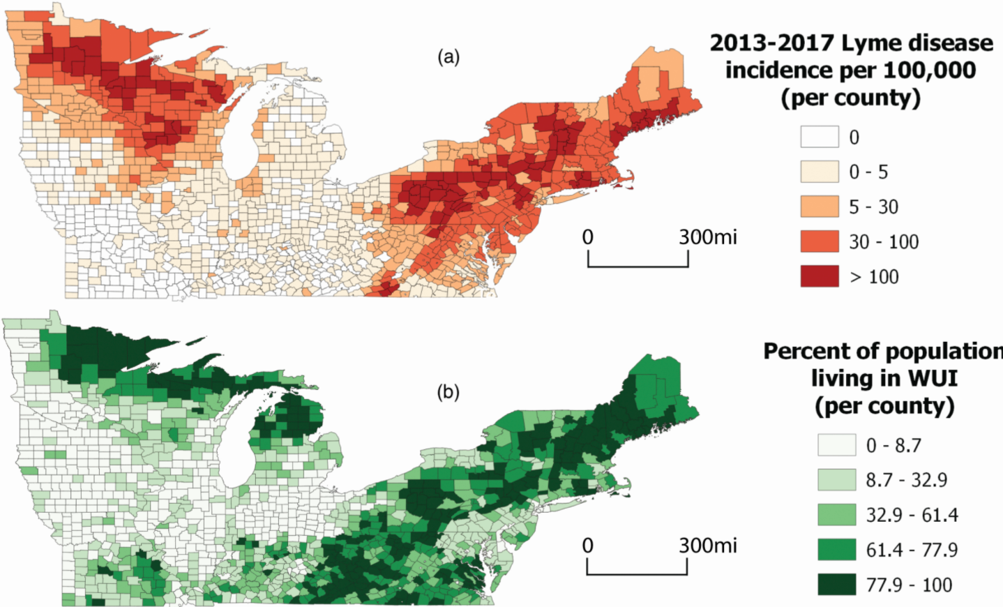 Comparison between (a) Lyme disease incidence and (b) percent of the county population living in the WUI in the high Lyme disease incidence (Midwest and Northeast) regions in the United States.
